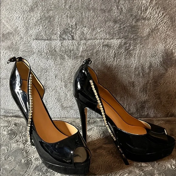 Black Patent Peep-Toe Platform 6 inch Heels with Rhinestone Ankle Strap - Picture 2 of 16